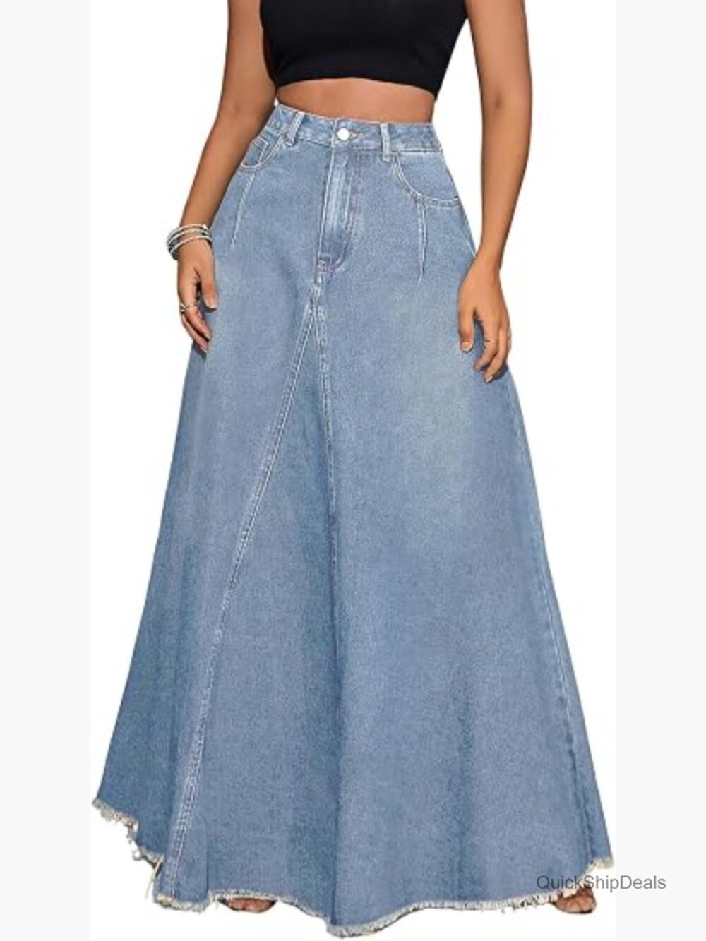 Retro Distressed High Waist Frayed Hem A-Line Maxi Long Denim Skirt with Pockets